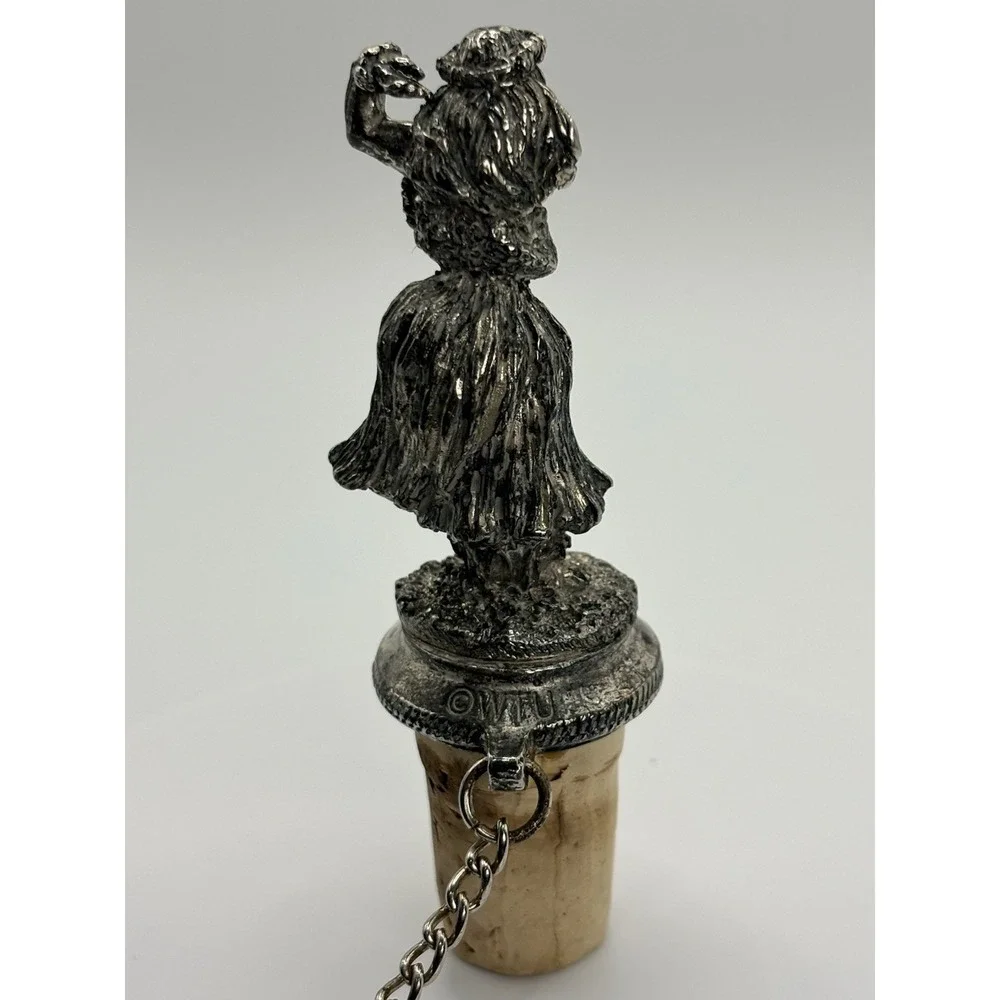 Vintage/Retro Metal & Cork Hula Girl Bottle Stopper w/ Chain Silver Beige